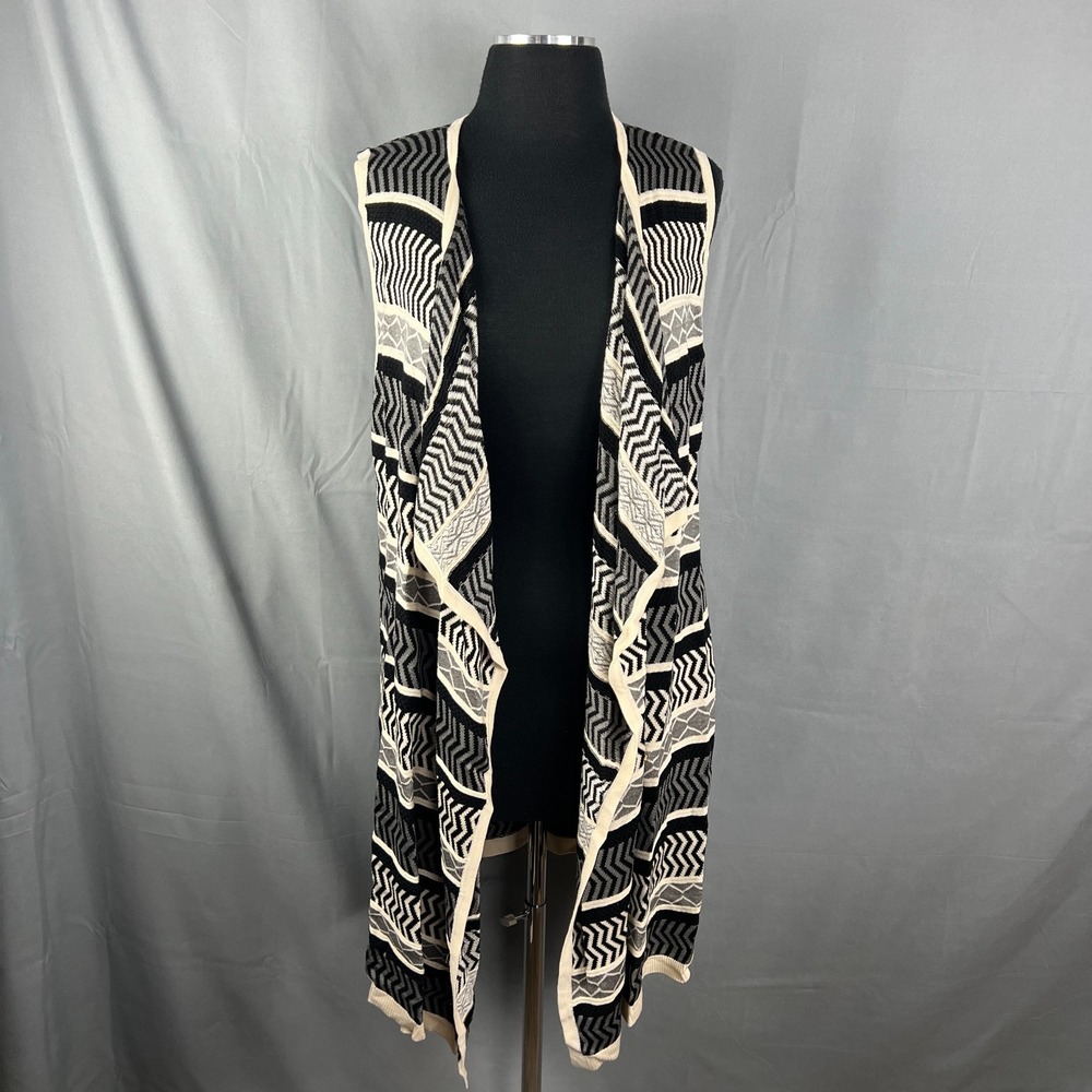 Cupio Cardigan Sweater Womens Black Cream Chevron Knit Sleeveless Open Front